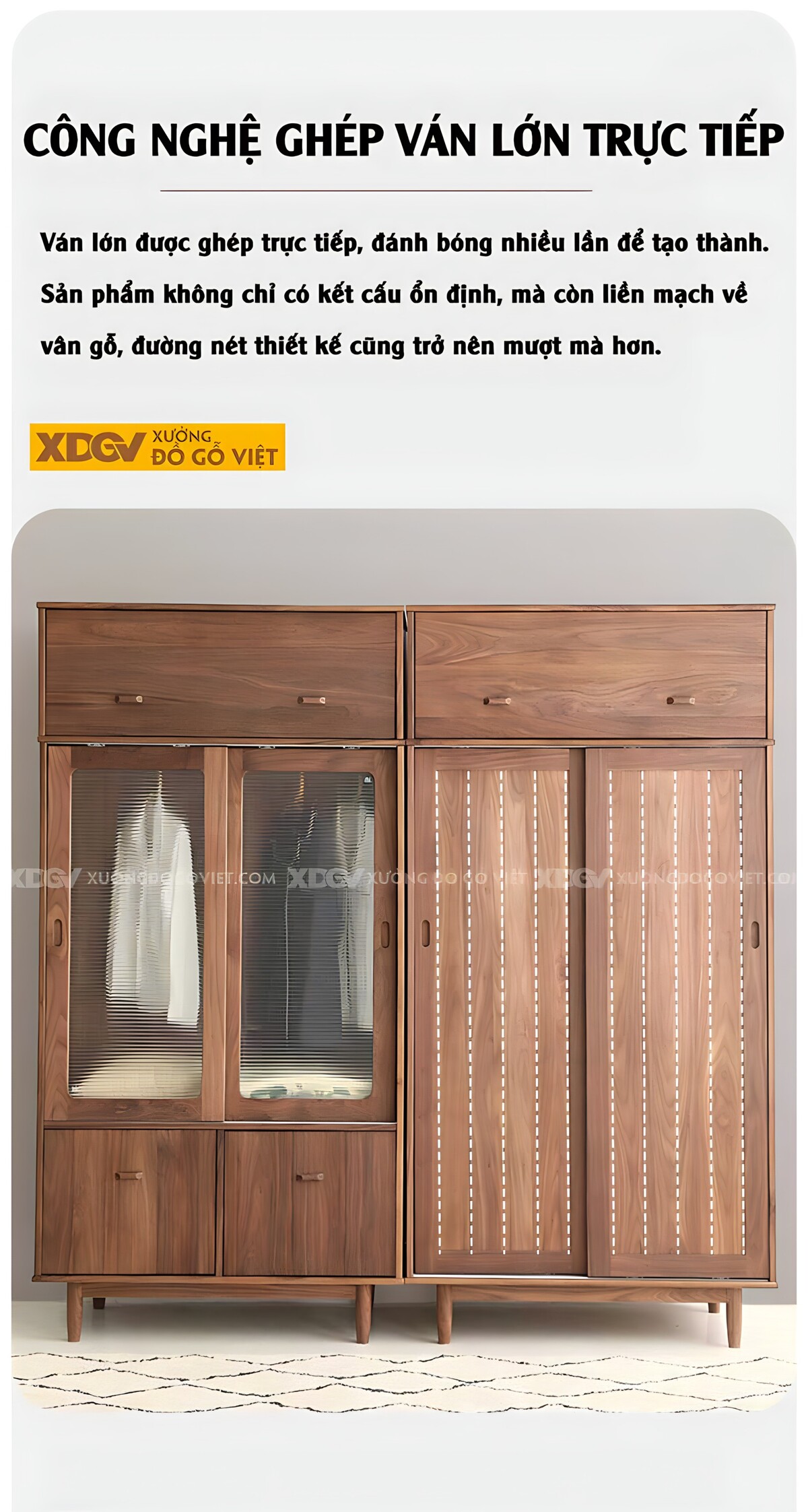 Tủ Quần Áo Óc Chó Hiện Đại Cửa Lùa 2 Hệ Loại Gỗ Và Kính Mờ