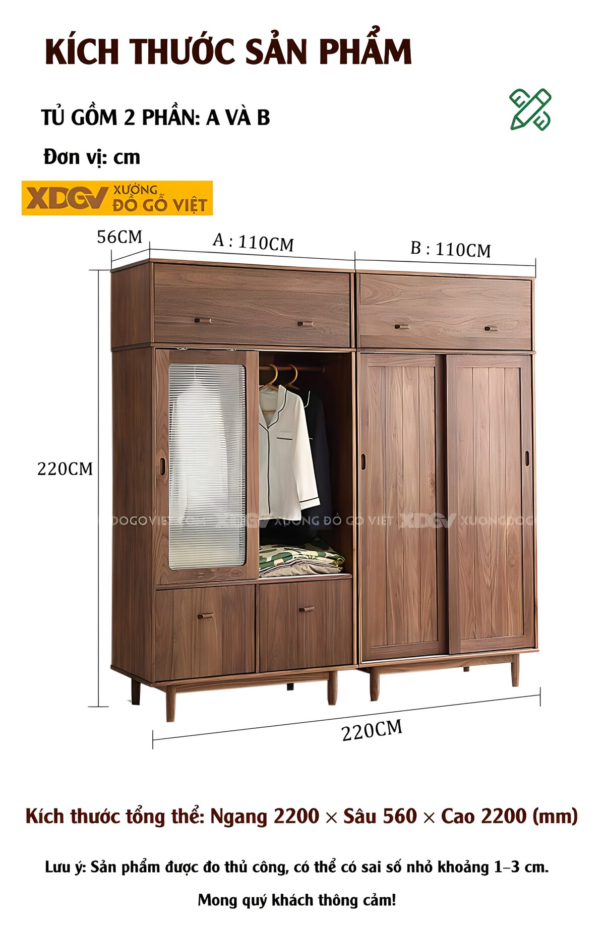 Tủ Quần Áo Óc Chó Hiện Đại Cửa Lùa 2 Hệ Loại Gỗ Và Kính Mờ