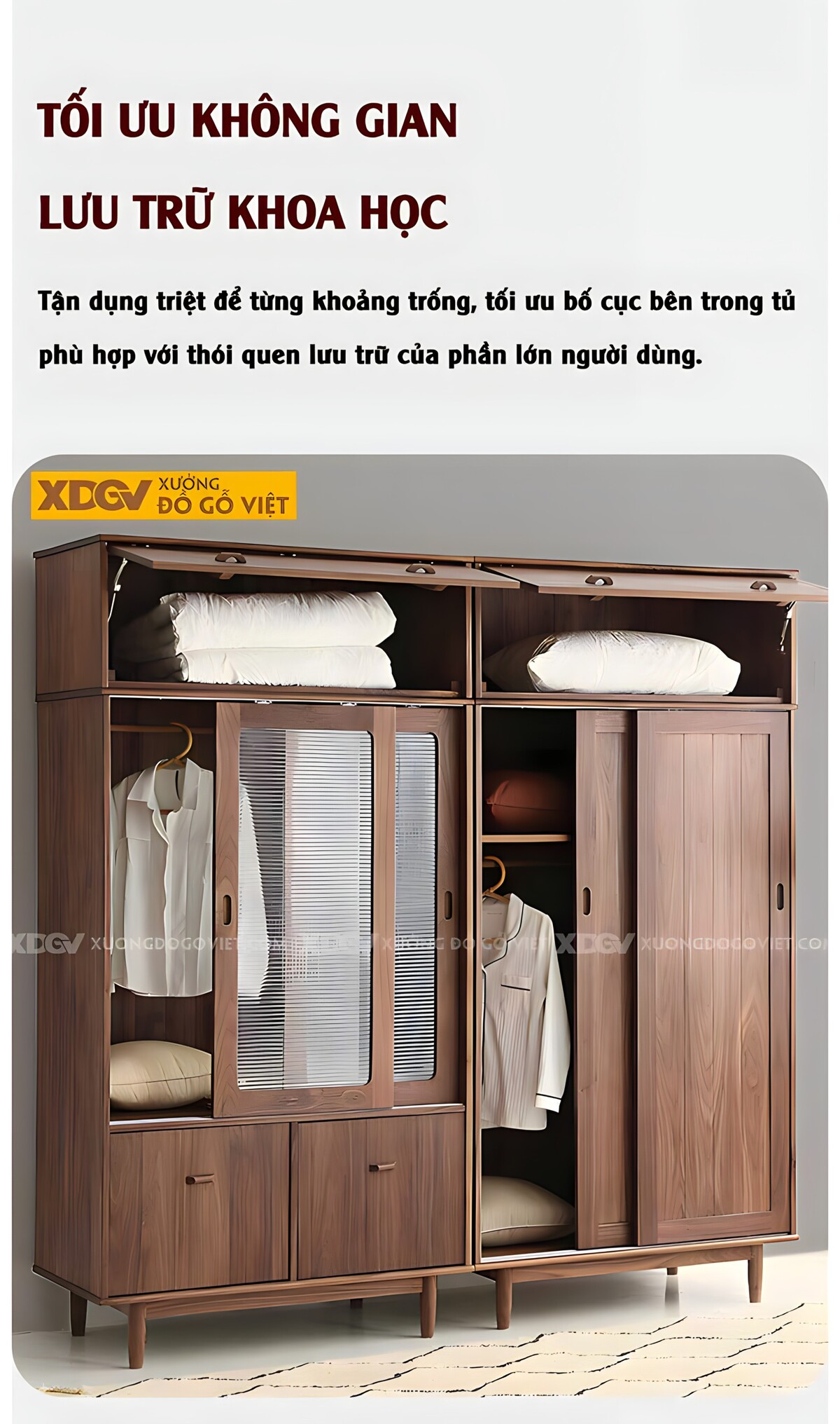 Tủ Quần Áo Óc Chó Hiện Đại Cửa Lùa 2 Hệ Loại Gỗ Và Kính Mờ