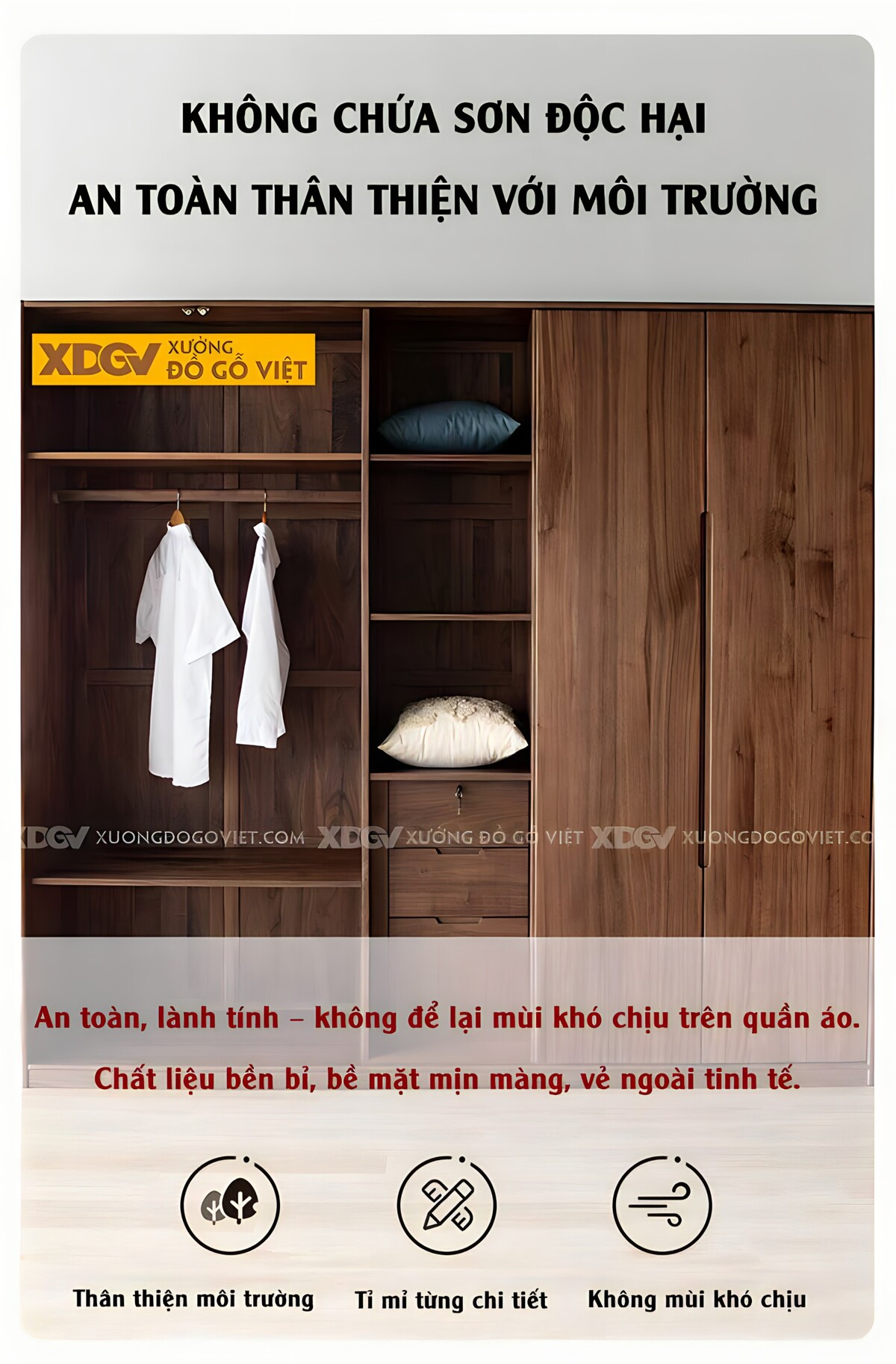 Tủ Quần Áo Óc Chó Thịt 5 Cánh Mặt Phẳng Tay Âm Hiện Đại