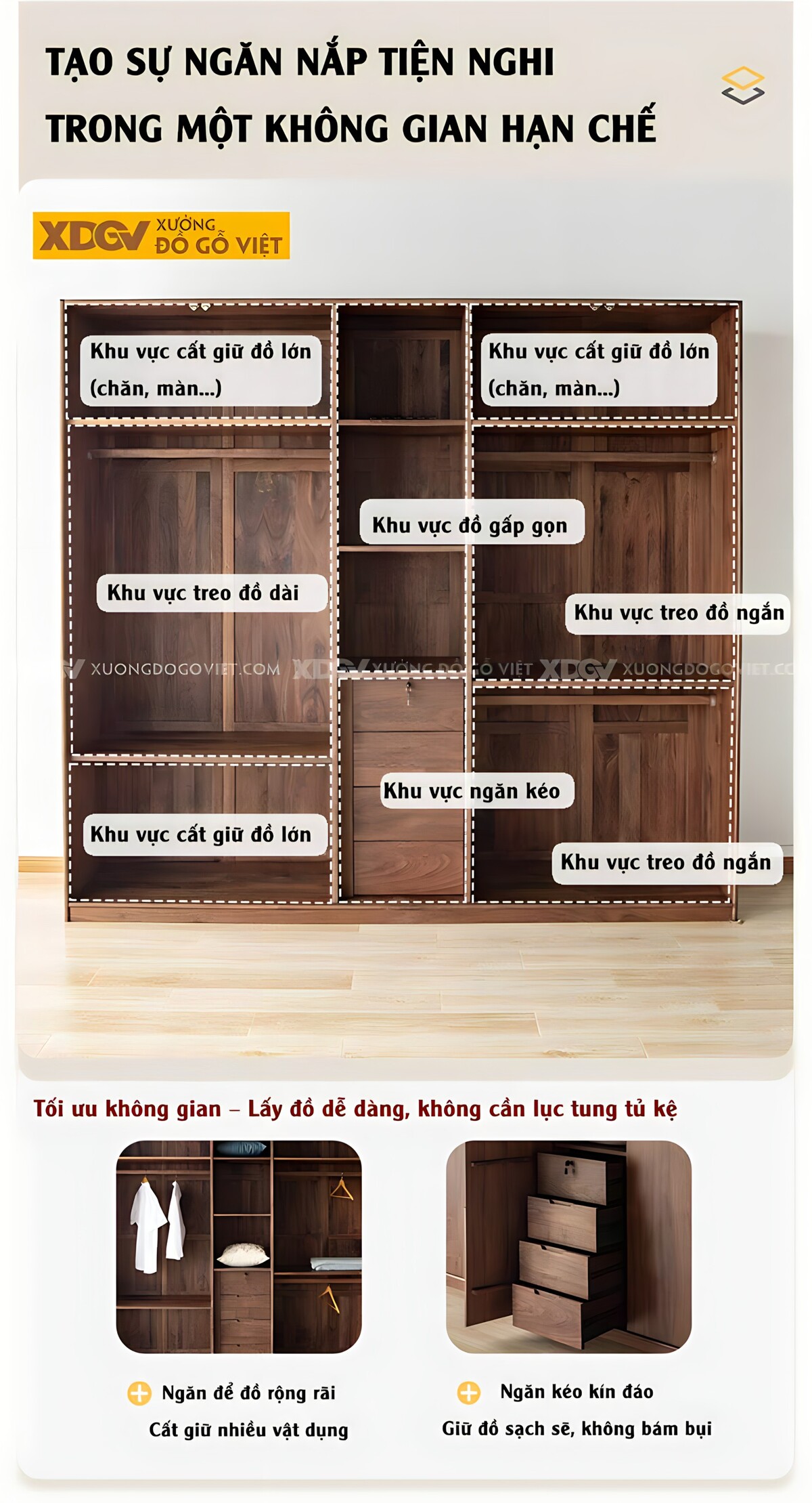 Tủ Quần Áo Óc Chó Thịt 5 Cánh Mặt Phẳng Tay Âm Hiện Đại