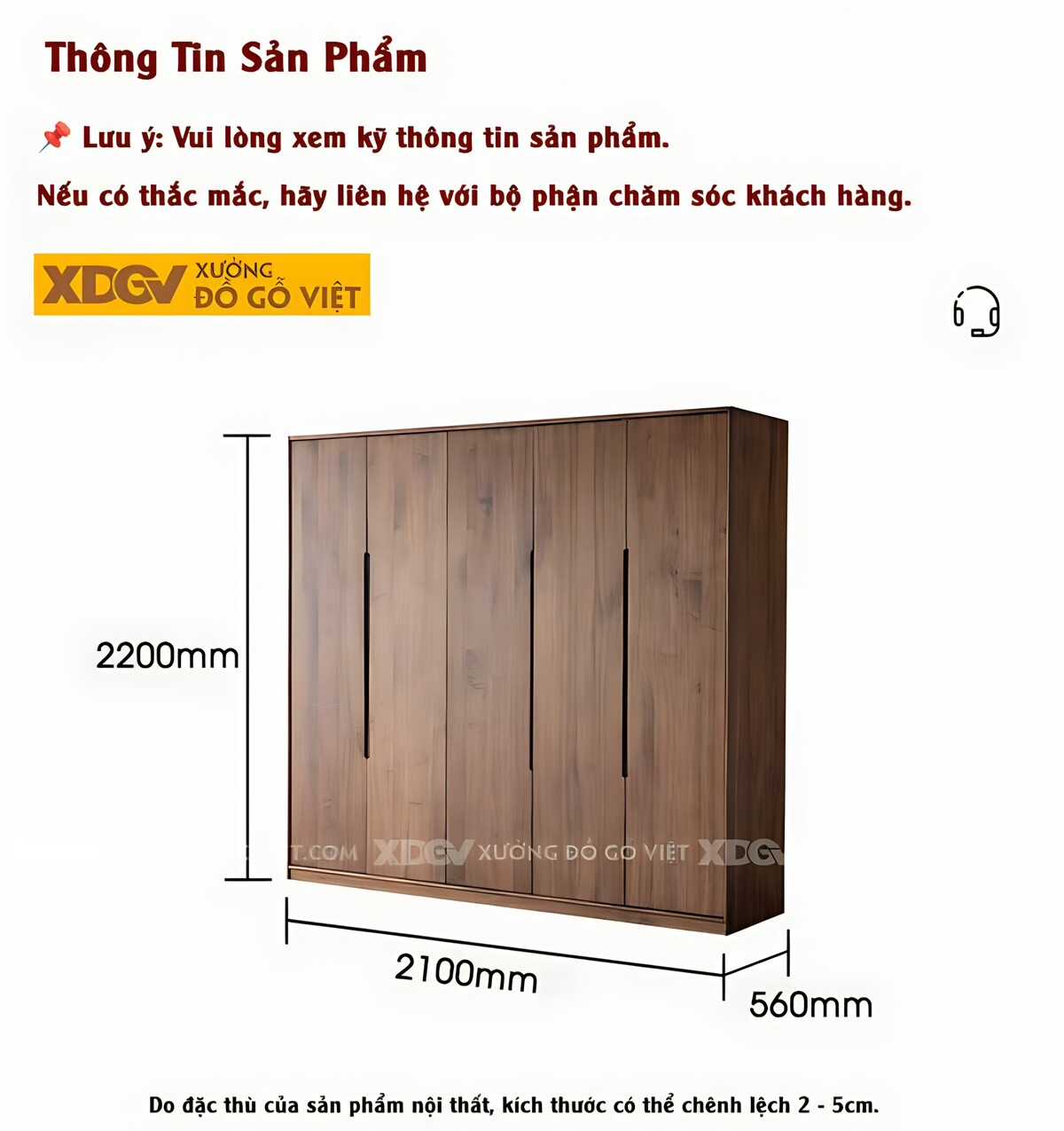 Tủ Quần Áo Óc Chó Thịt 5 Cánh Mặt Phẳng Tay Âm Hiện Đại