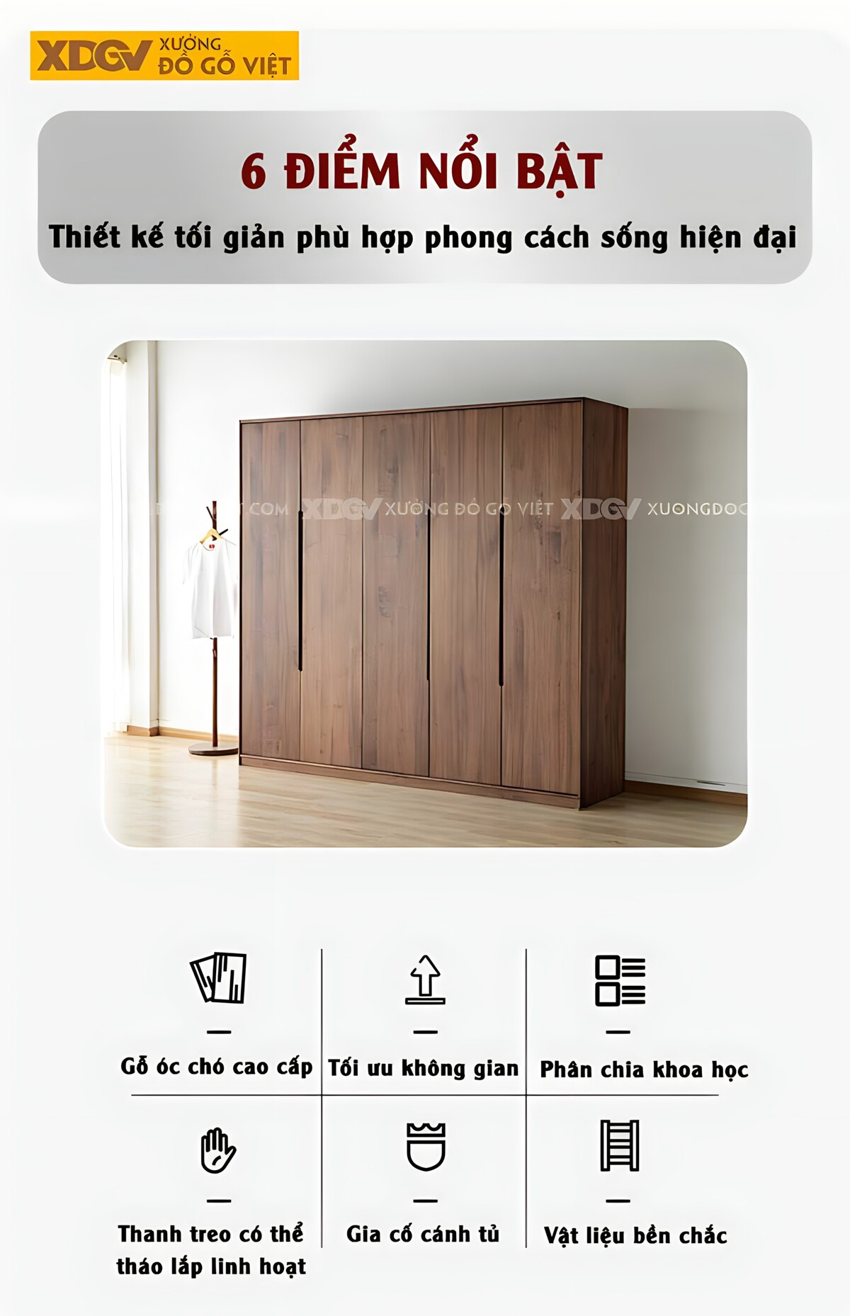 Tủ Quần Áo Óc Chó Thịt 5 Cánh Mặt Phẳng Tay Âm Hiện Đại