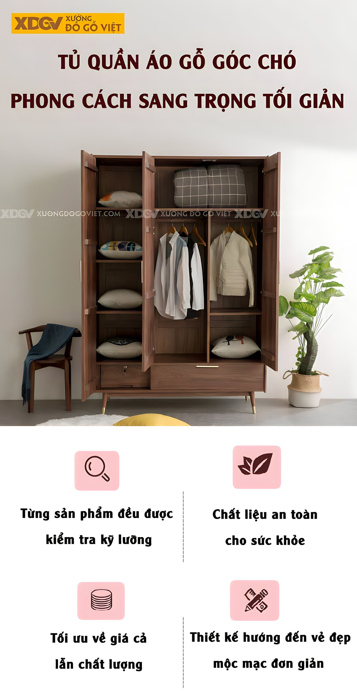 Tủ Quần Áo Óc Chó Tự Nhiên 3 Cánh Chân Cao Bọc Kim Loại Vàng