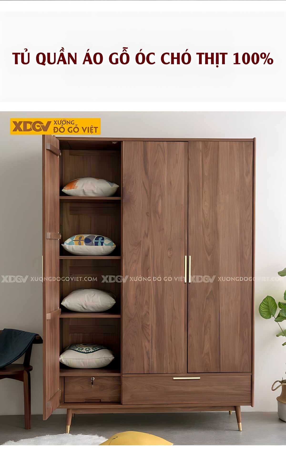 Tủ Quần Áo Óc Chó Tự Nhiên 3 Cánh Chân Cao Bọc Kim Loại Vàng