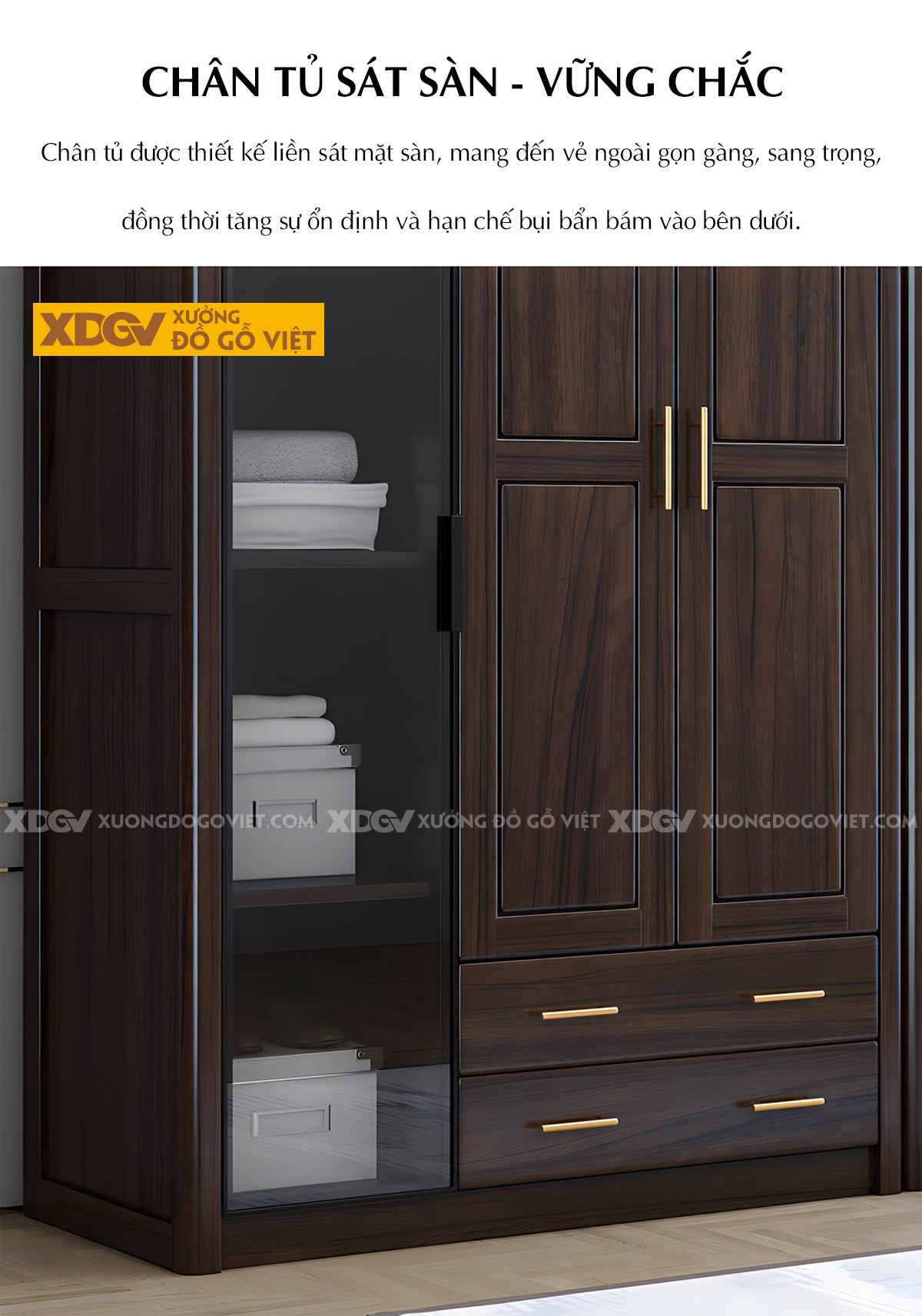 Tủ Quần Áo Phòng Ngủ 5 Cánh Gỗ Lim Kính Trong Khung Nhôm Đen