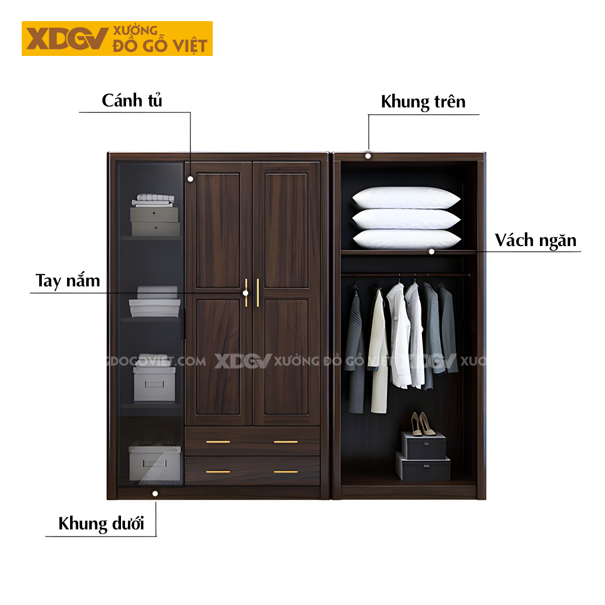 Tủ Quần Áo Phòng Ngủ 5 Cánh Gỗ Lim Kính Trong Khung Nhôm Đen