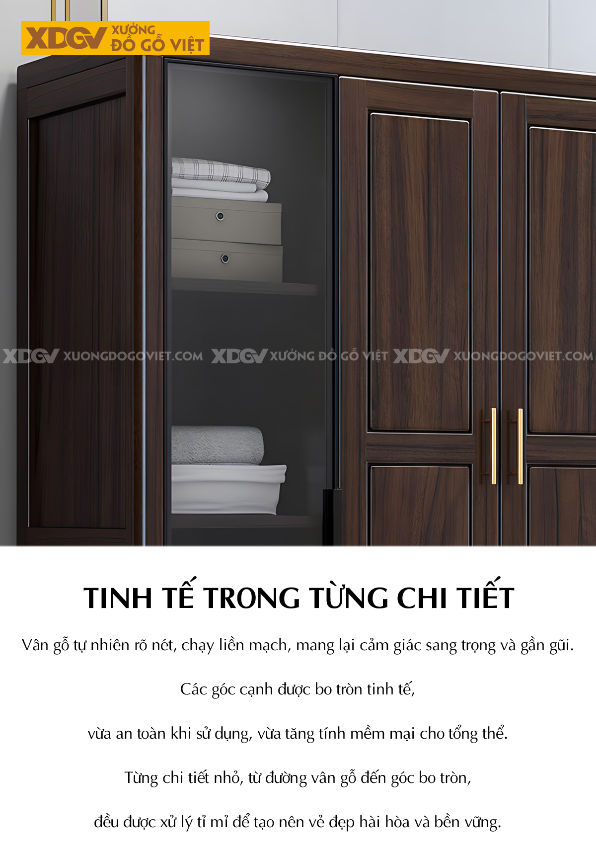 Tủ Quần Áo Phòng Ngủ 5 Cánh Gỗ Lim Kính Trong Khung Nhôm Đen