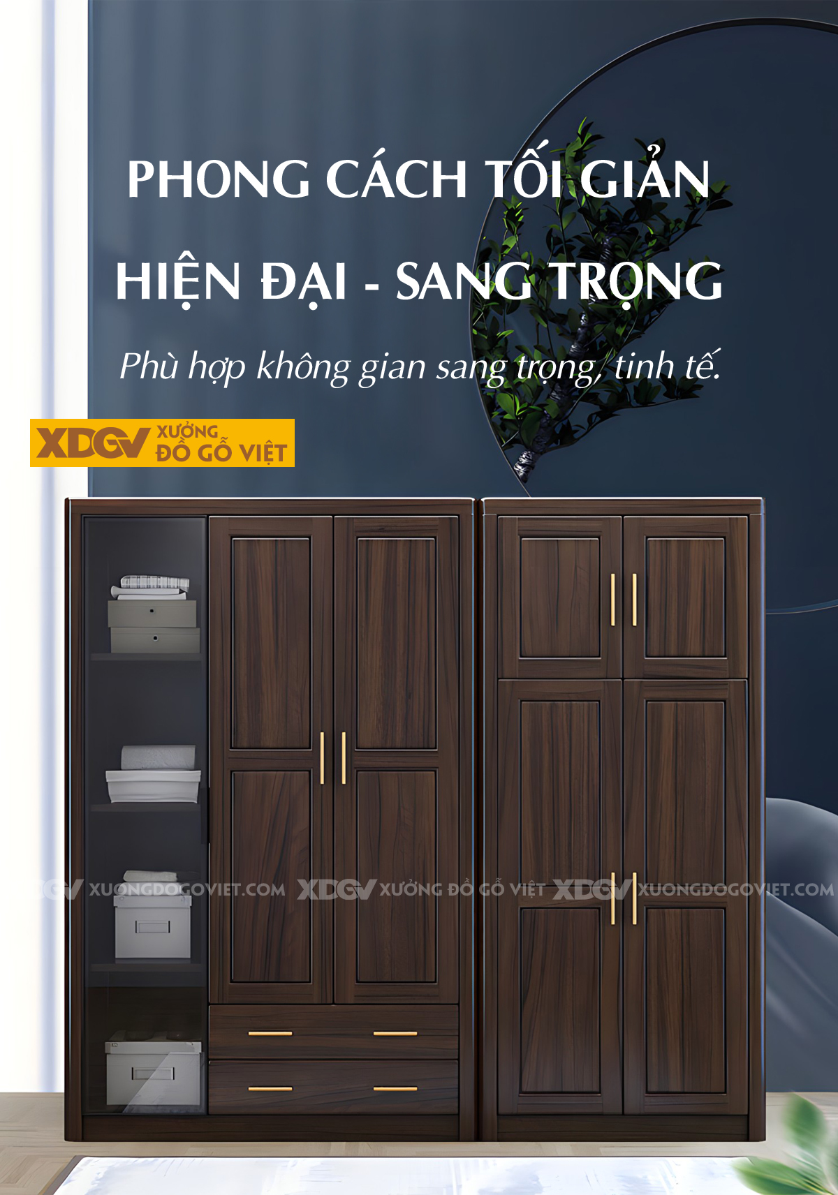 Tủ Quần Áo Phòng Ngủ 5 Cánh Gỗ Lim Kính Trong Khung Nhôm Đen
