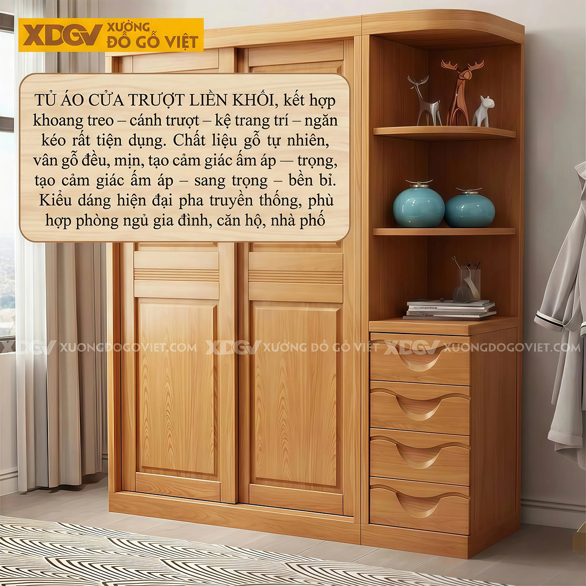 Tủ Quần Áo Phòng Ngủ Gỗ Gõ Đỏ Cánh Lùa Tay Nắm Âm Độc Đáo