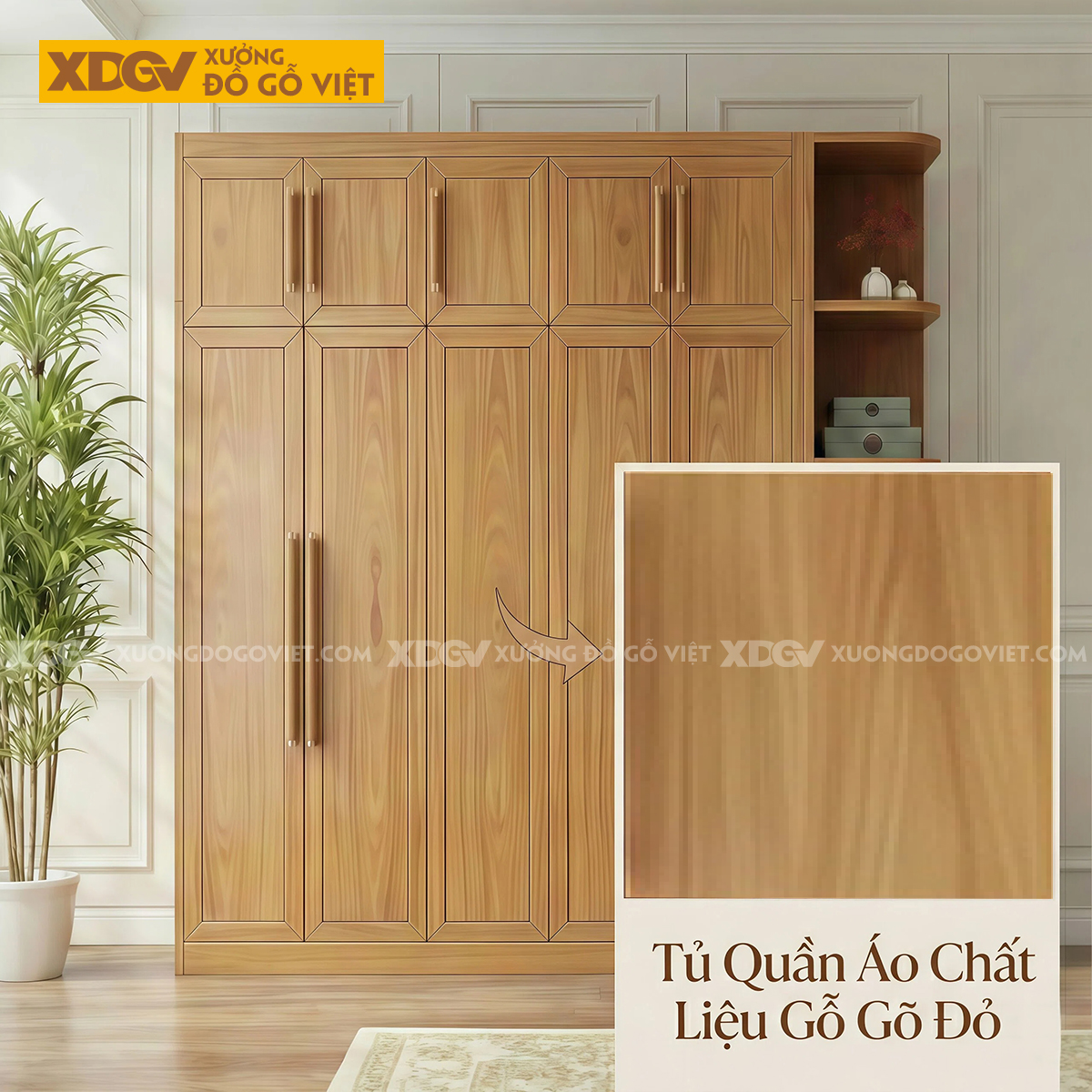 Tủ Quần Áo Phòng Ngủ Gỗ Gõ Đỏ Chân Bệt Tay Nắm Bọc Kim Loại