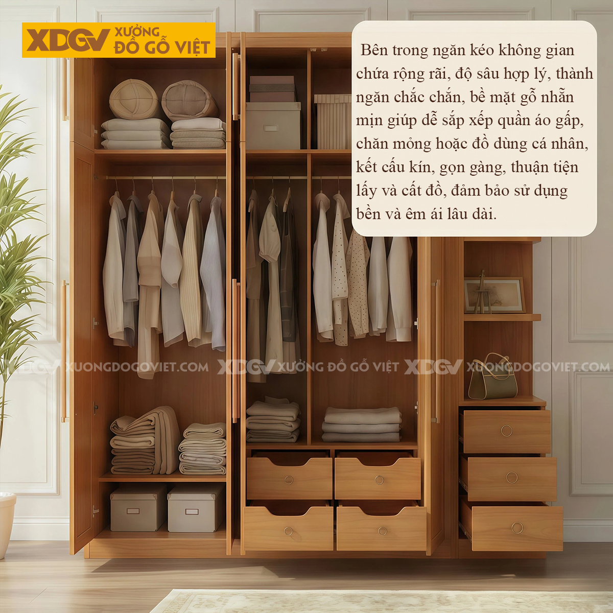 Tủ Quần Áo Phòng Ngủ Gỗ Gõ Đỏ Chân Bệt Tay Nắm Bọc Kim Loại