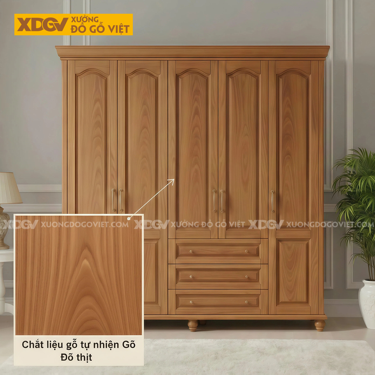 Tủ Quần Áo Phòng Ngủ Gỗ Gõ Đỏ Chân Tiện Cánh Pano Uốn Lượn