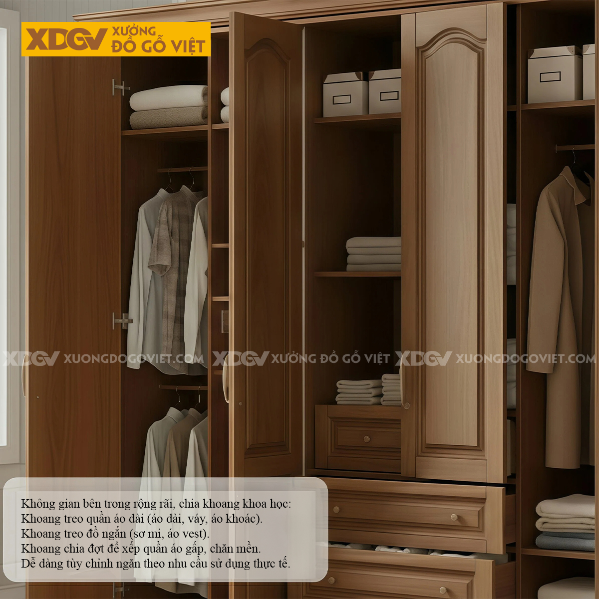 Tủ Quần Áo Phòng Ngủ Gỗ Gõ Đỏ Chân Tiện Cánh Pano Uốn Lượn