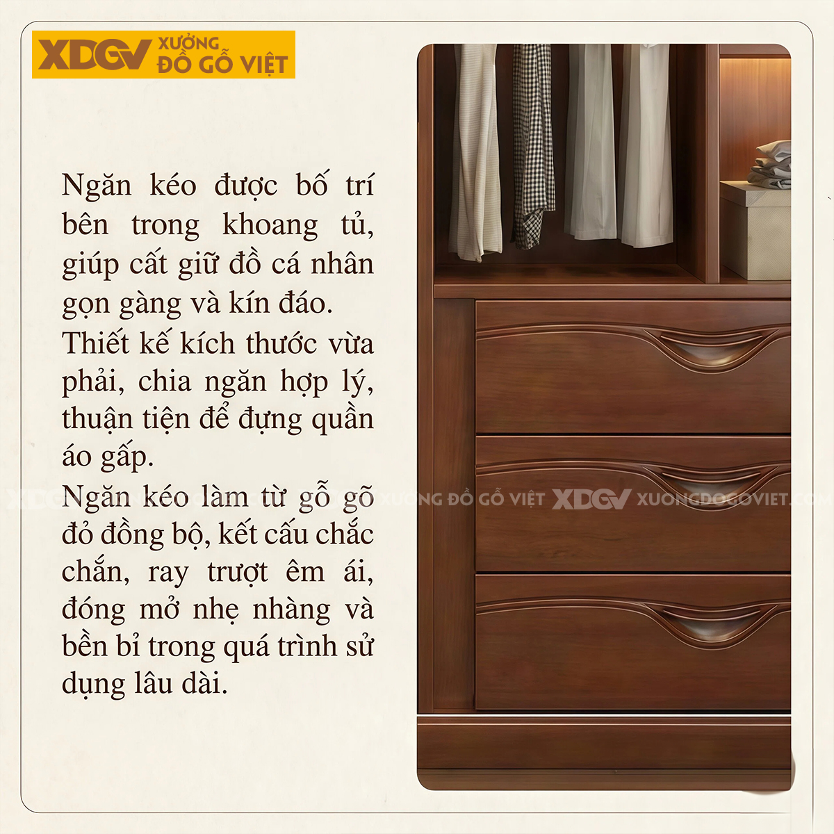 Tủ Quần Áo Phòng Ngủ Gỗ Gõ Đỏ Kịch Trần Cánh Lùa Thanh Ngang