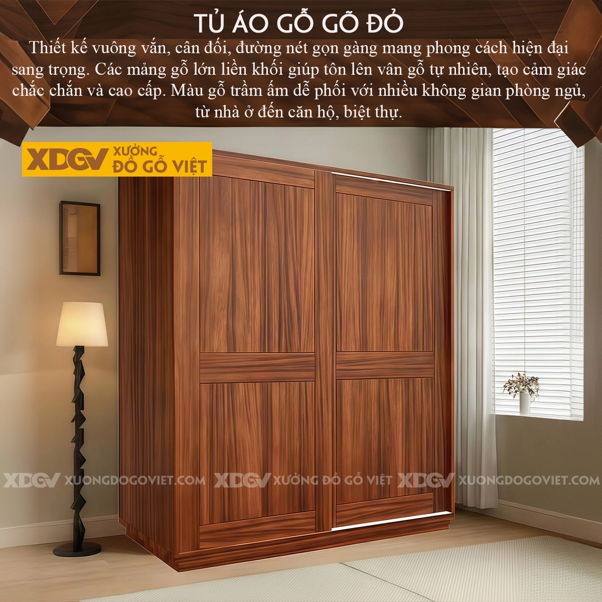 Tủ Quần Áo Phòng Ngủ Gỗ Gõ Đỏ Phối Cánh Lùa Chân Bệt Kiên Cố