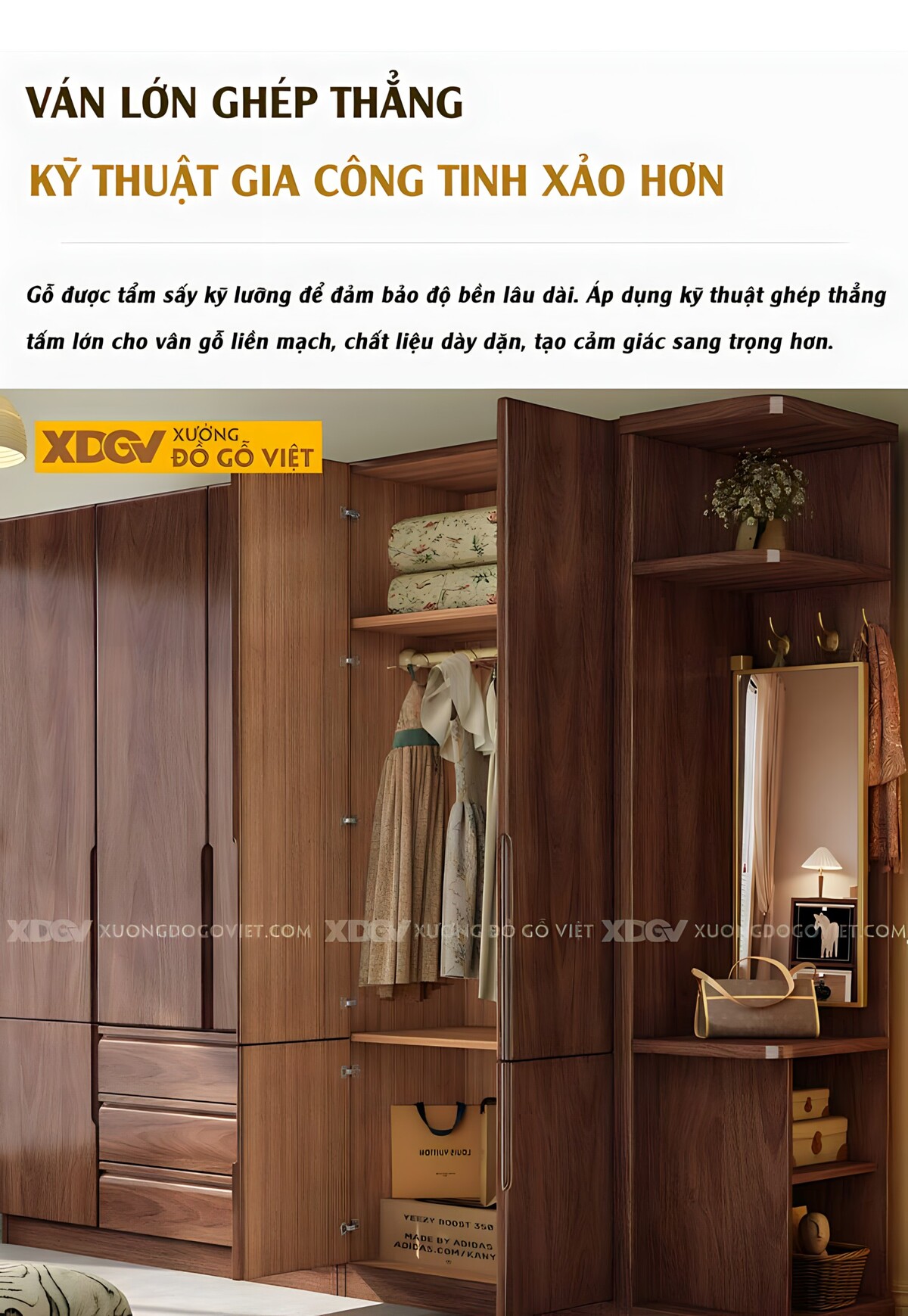 Tủ Quần Áo Veneer Gỗ Óc Chó Hiện Đại 5 Cánh Tích Hợp Kệ Bên