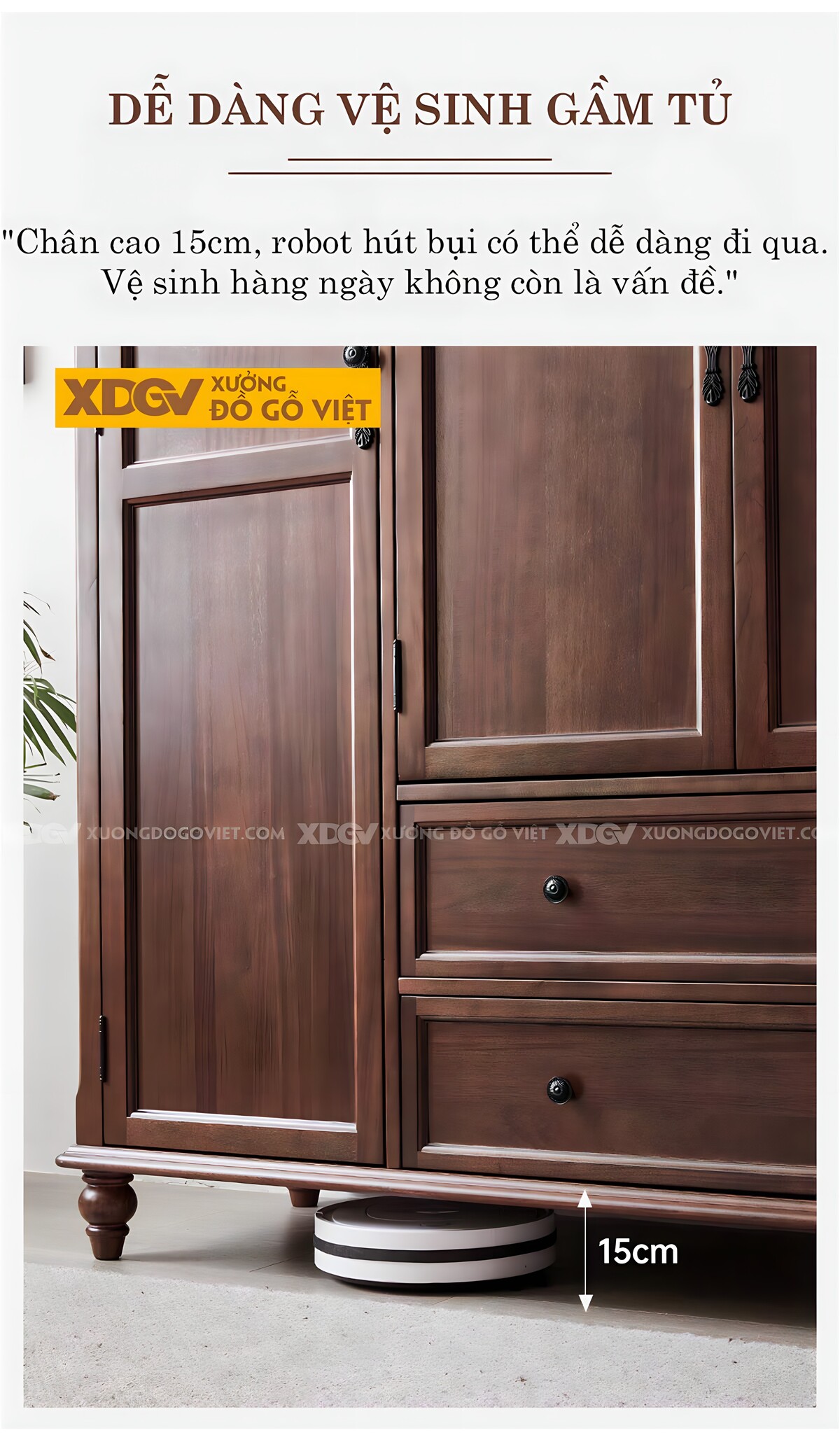 Tủ Quần Áo Xoan Đào Cổ Điển Châu Âu 4 Cánh Chân Trụ Tiện