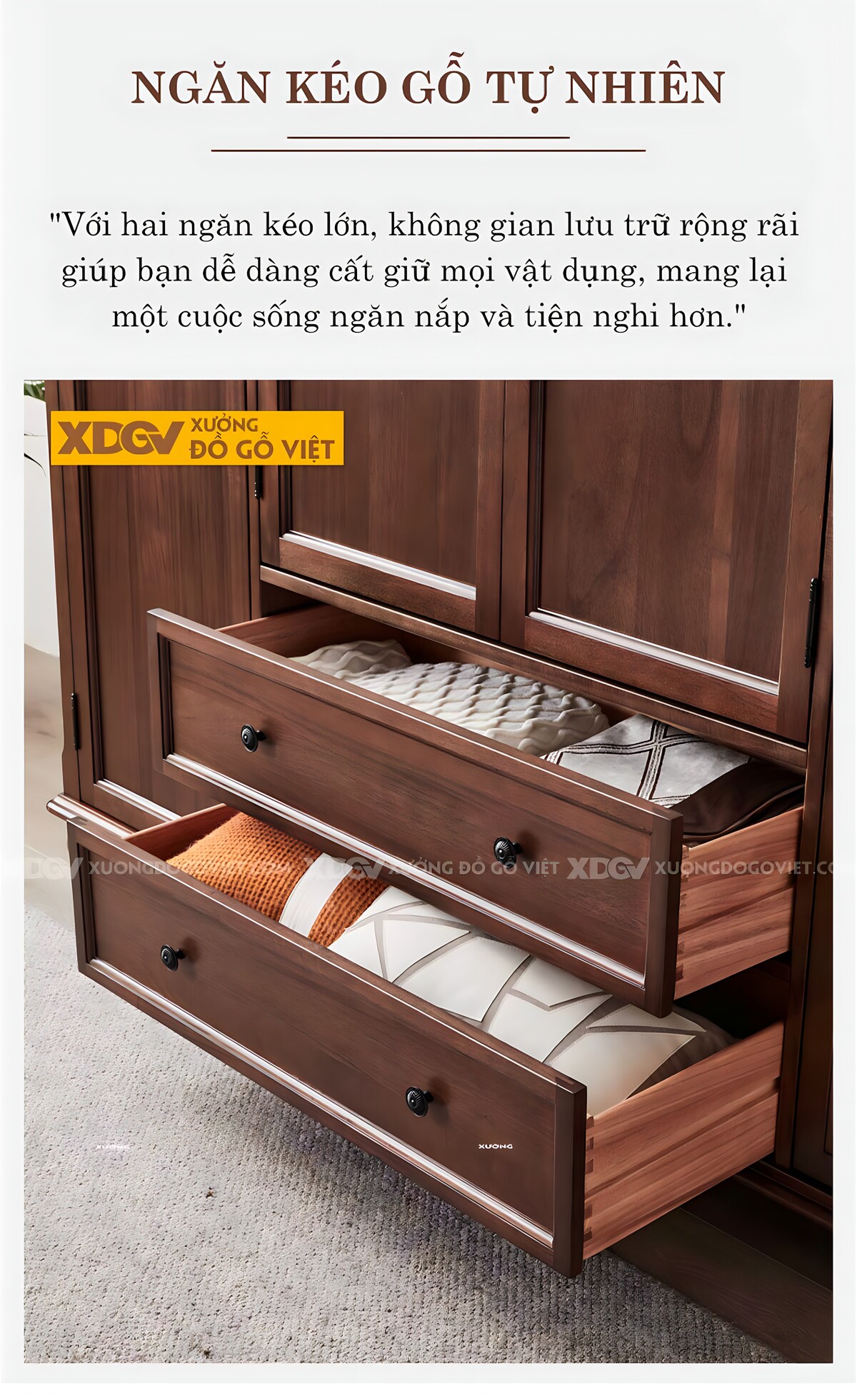 Tủ Quần Áo Xoan Đào Cổ Điển Châu Âu 4 Cánh Chân Trụ Tiện