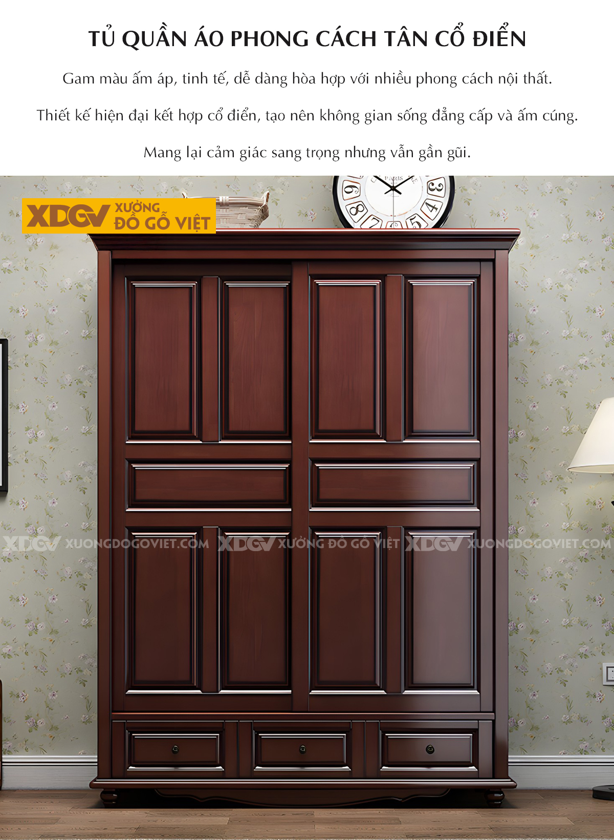 Tủ Quần Áo Xoan Tân Cổ Điển 2 Cánh Cửa Lùa Có Ngăn Kéo Dưới