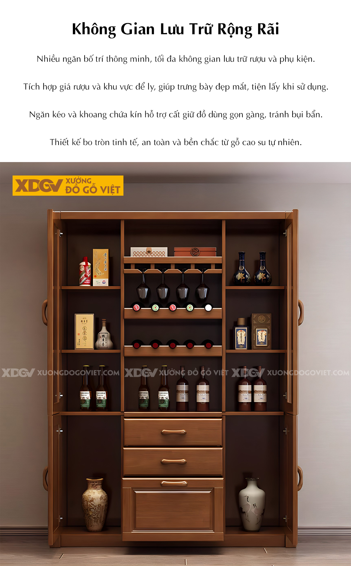 Tủ Rượu Cao Su Hiện Đại Cánh Kính Đối Xứng Kèm Giá Treo Ly