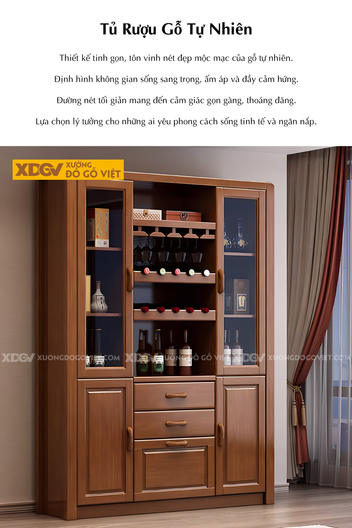 Tủ Rượu Cao Su Hiện Đại Cánh Kính Đối Xứng Kèm Giá Treo Ly