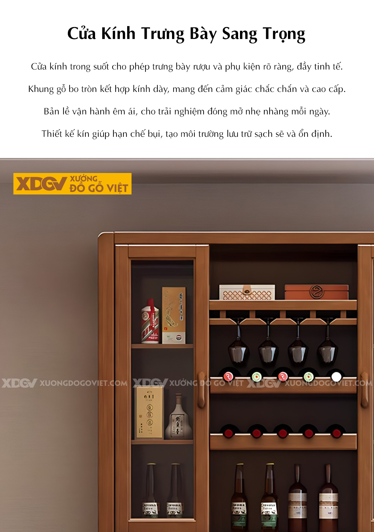 Tủ Rượu Cao Su Hiện Đại Cánh Kính Đối Xứng Kèm Giá Treo Ly