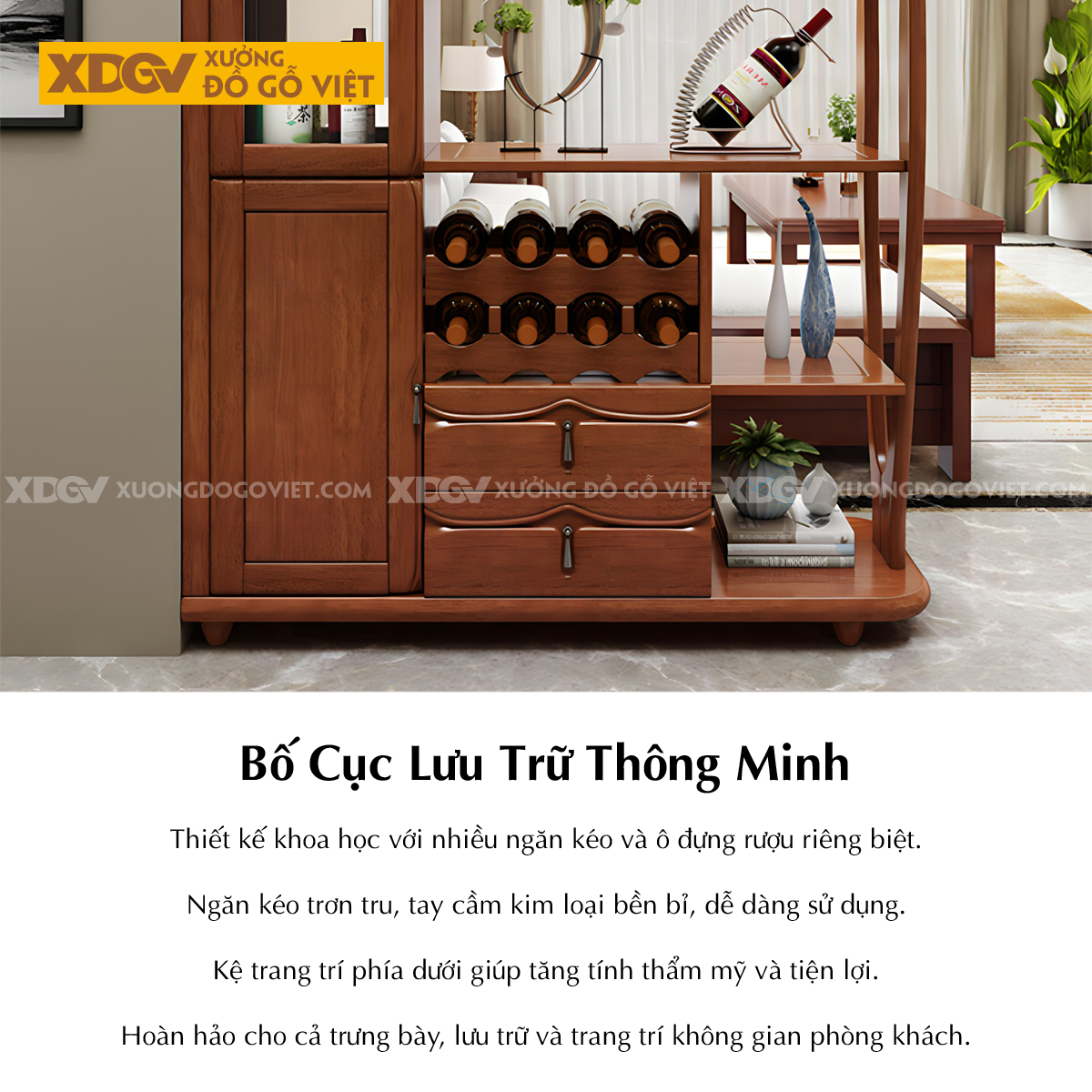 Tủ Rượu Gỗ Cao Su Hiện Đại Thiết Kế Giá Treo Ly Sang Trọng