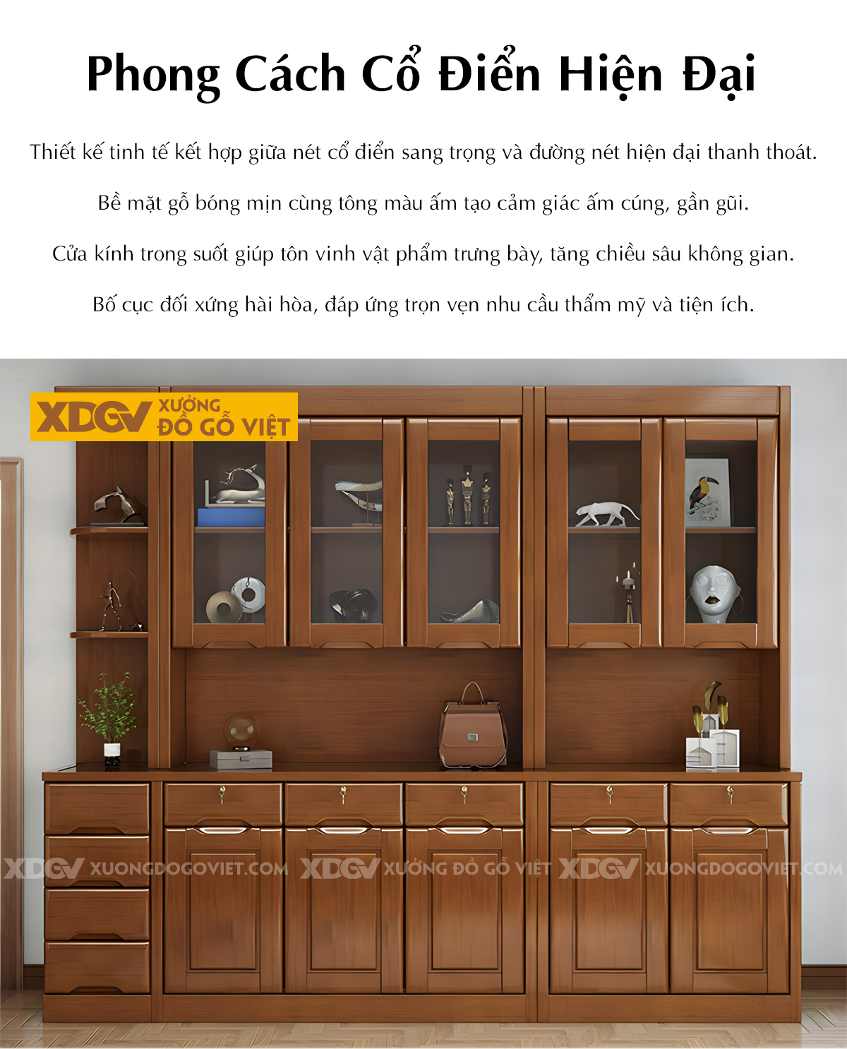 Tủ Rượu Gỗ Cao Su Kệ Hở Kính Đa Cánh Phối Ngăn Kéo Lưu Trữ