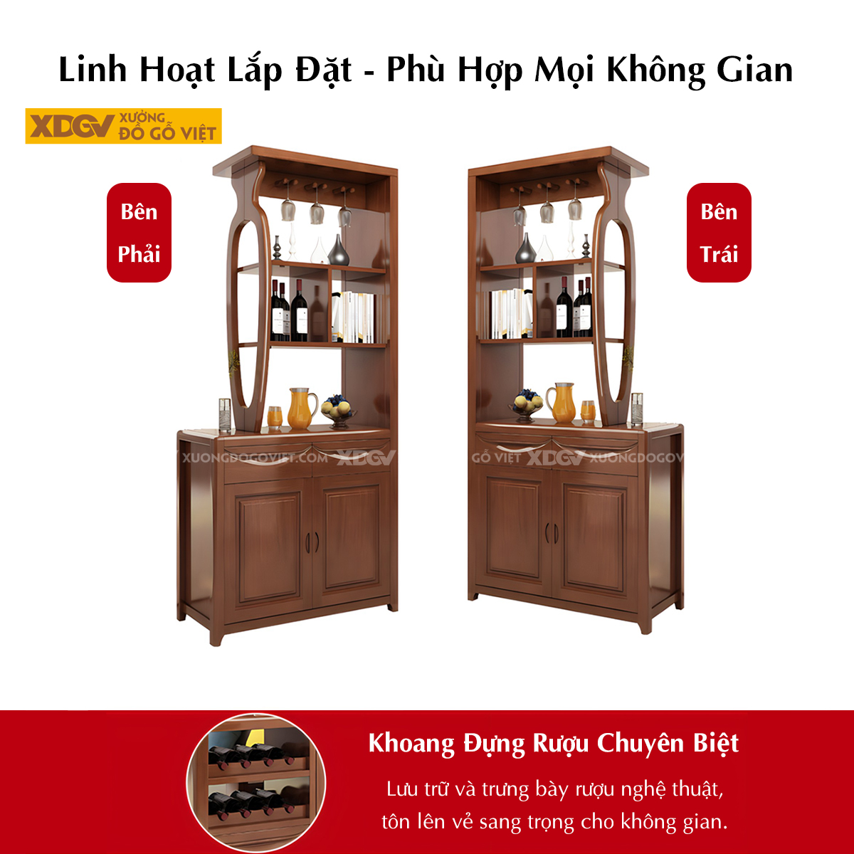 Tủ Rượu Gỗ Cao Su Phòng Khách Hiện Đại Kết Hợp Tủ Kính 2 Bên