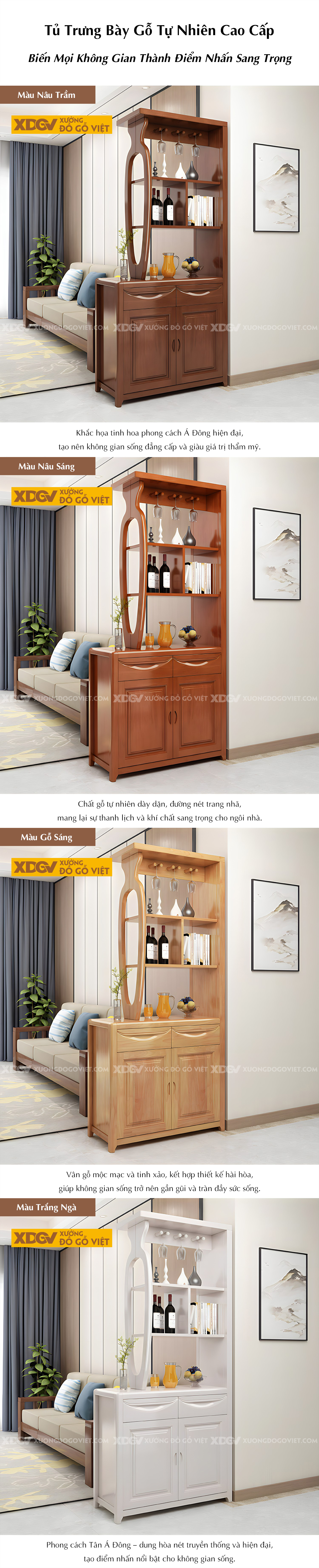 Tủ Rượu Gỗ Cao Su Phòng Khách Hiện Đại Kết Hợp Tủ Kính 2 Bên