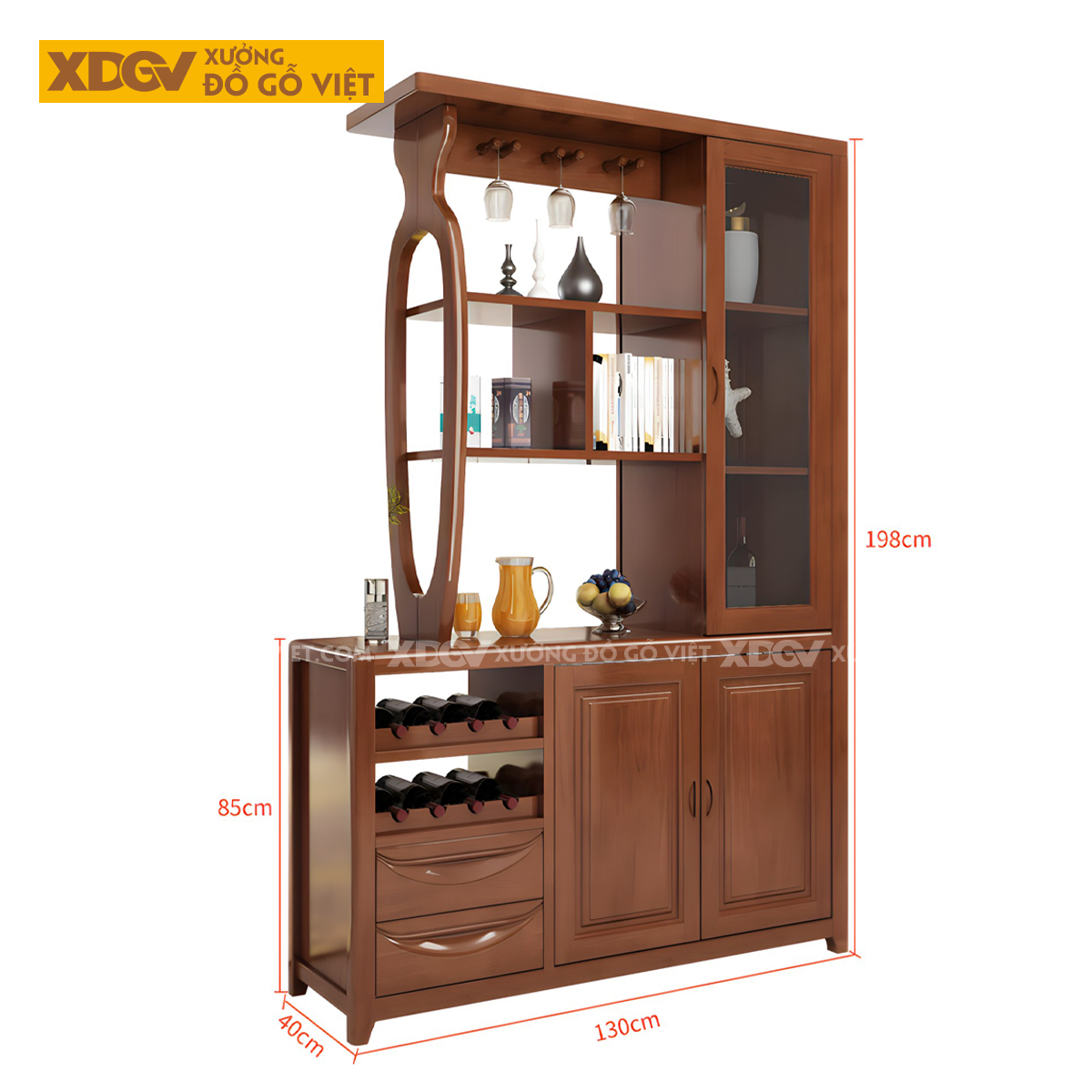 Tủ Rượu Gỗ Cao Su Phòng Khách Hiện Đại Kết Hợp Tủ Kính 2 Bên