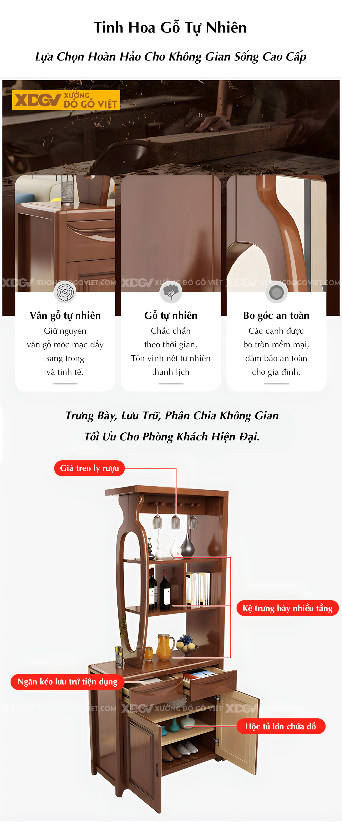 Tủ Rượu Gỗ Cao Su Phòng Khách Hiện Đại Kết Hợp Tủ Kính 2 Bên