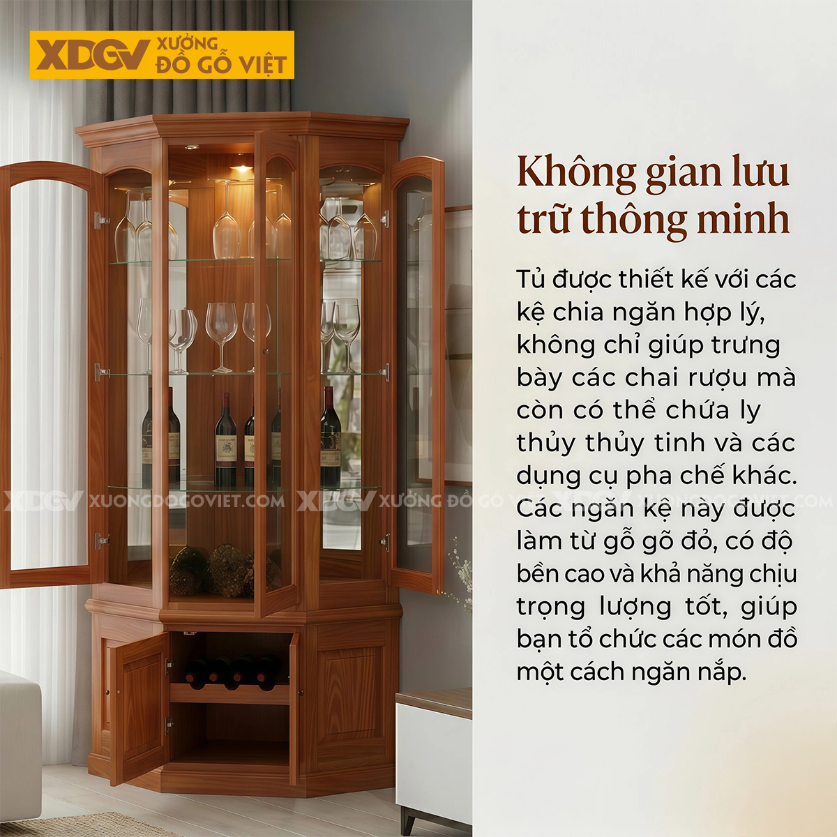 Tủ Rượu Gỗ Gõ Đỏ Cánh Vòm Thanh Lịch Cấu Trúc Đa Giác Ôm Góc