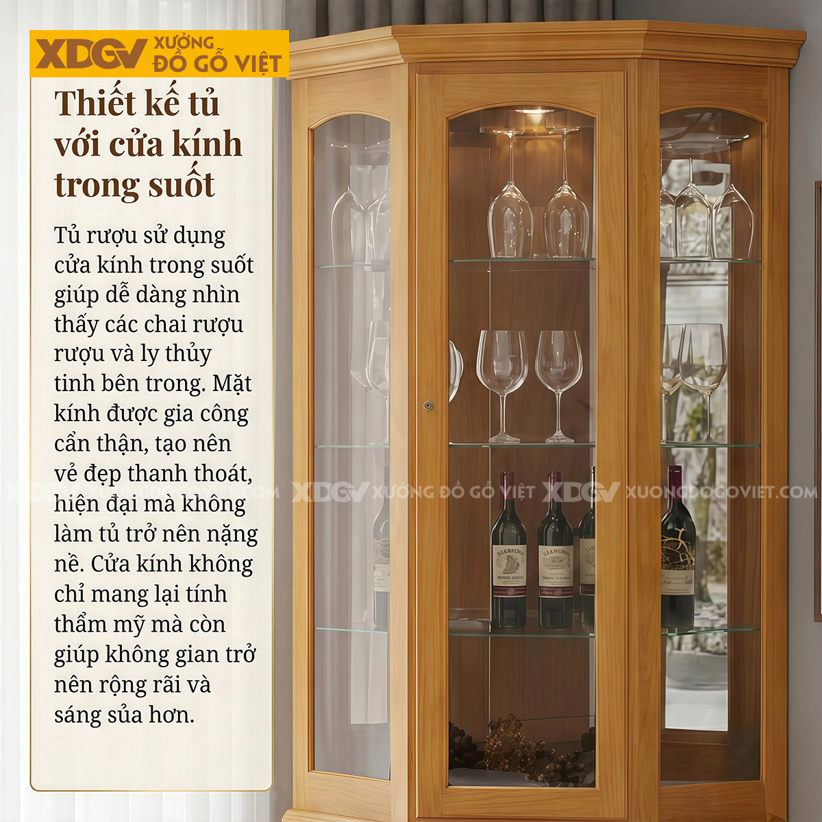 Tủ Rượu Gỗ Gõ Đỏ Cánh Vòm Thanh Lịch Cấu Trúc Đa Giác Ôm Góc
