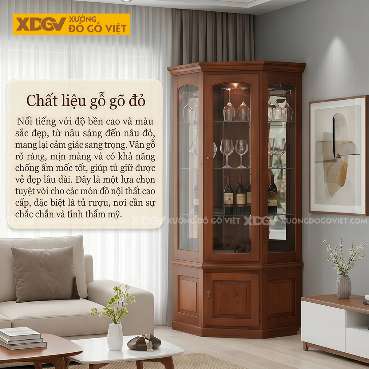 Tủ Rượu Gỗ Gõ Đỏ Cánh Vòm Thanh Lịch Cấu Trúc Đa Giác Ôm Góc