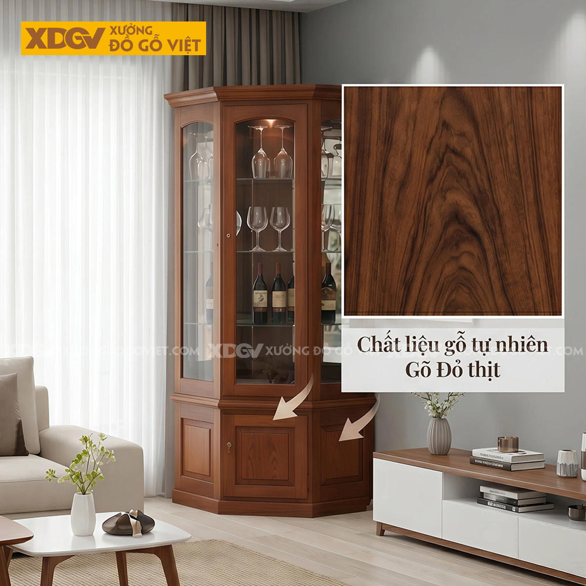 Tủ Rượu Gỗ Gõ Đỏ Cánh Vòm Thanh Lịch Cấu Trúc Đa Giác Ôm Góc
