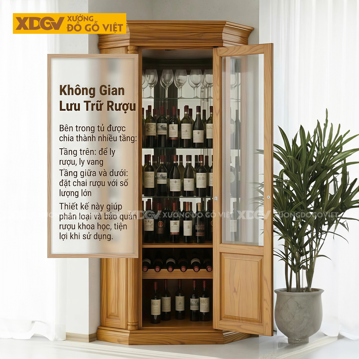 Tủ Rượu Gỗ Gõ Đỏ Tân Cổ Điển Ôm Góc Cấu Trúc Đa Giác Độc Đáo