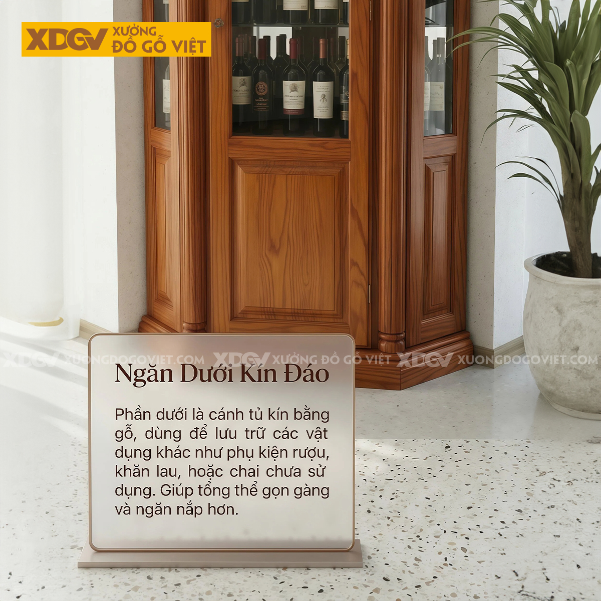 Tủ Rượu Gỗ Gõ Đỏ Tân Cổ Điển Ôm Góc Cấu Trúc Đa Giác Độc Đáo