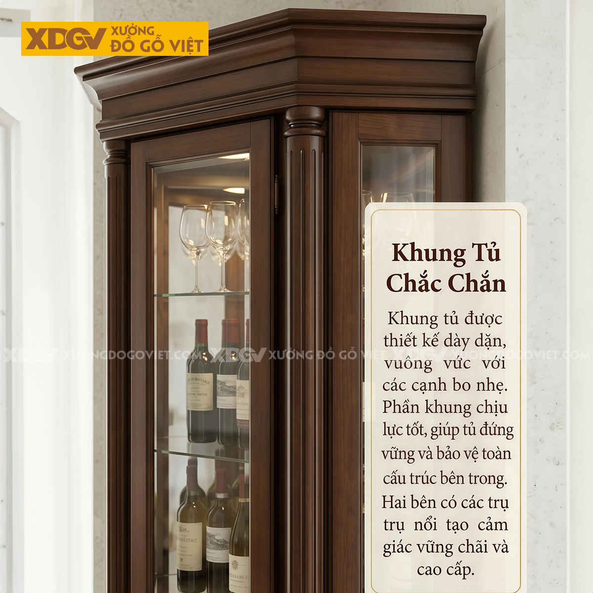Tủ Rượu Gỗ Gõ Đỏ Tân Cổ Điển Ôm Góc Cấu Trúc Đa Giác Độc Đáo