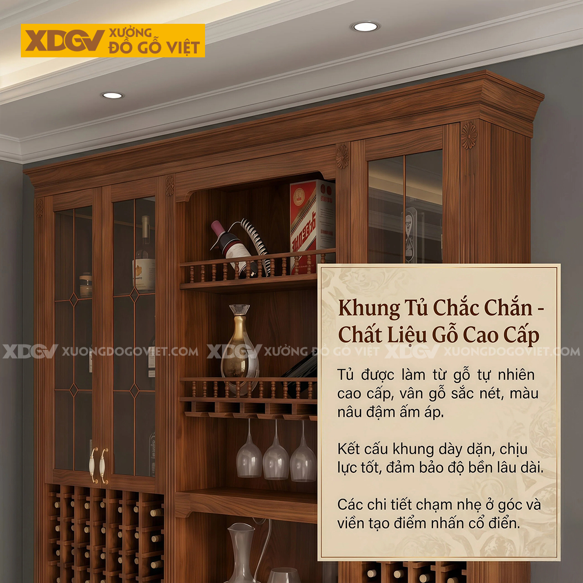 Tủ Rượu Gỗ Gõ Đỏ Thiết Kế Đối Xứng Kèm Ngăn Kéo Trung Tâm