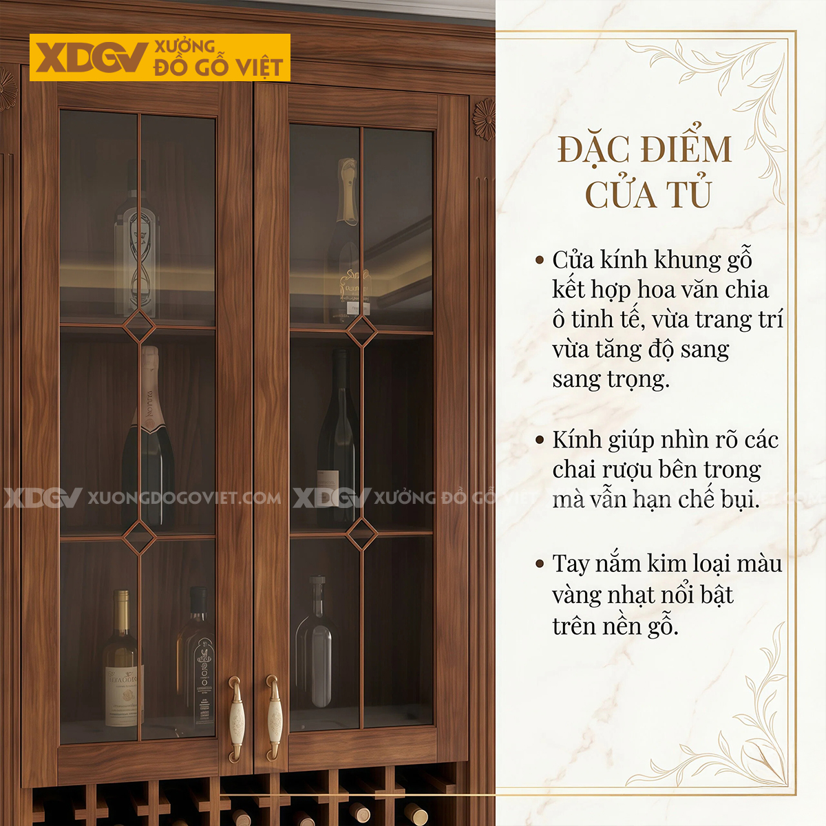 Tủ Rượu Gỗ Gõ Đỏ Thiết Kế Đối Xứng Kèm Ngăn Kéo Trung Tâm
