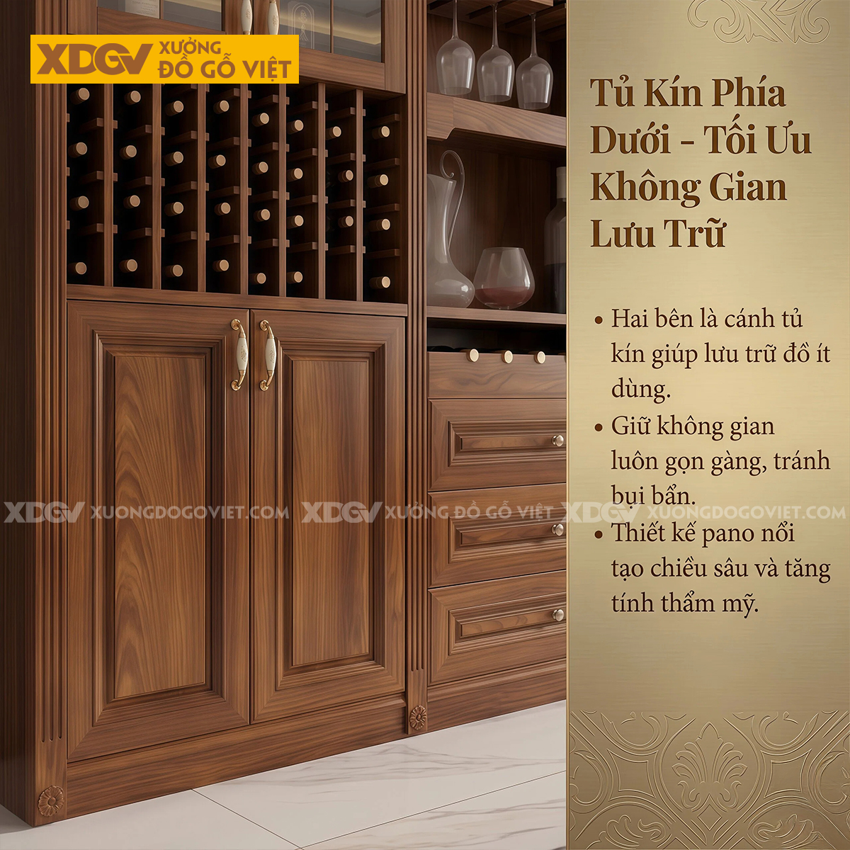 Tủ Rượu Gỗ Gõ Đỏ Thiết Kế Đối Xứng Kèm Ngăn Kéo Trung Tâm