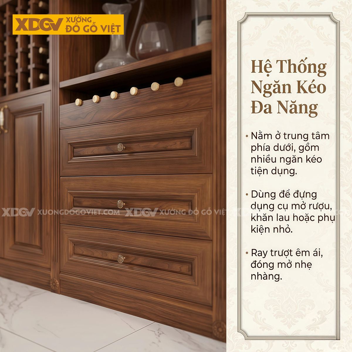 Tủ Rượu Gỗ Gõ Đỏ Thiết Kế Đối Xứng Kèm Ngăn Kéo Trung Tâm