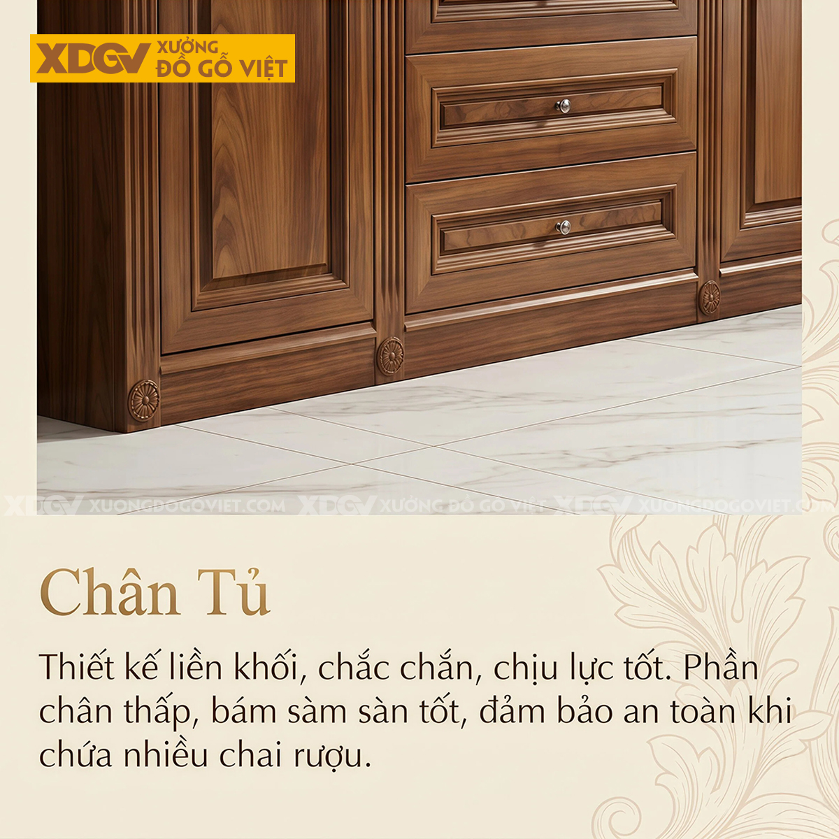 Tủ Rượu Gỗ Gõ Đỏ Thiết Kế Đối Xứng Kèm Ngăn Kéo Trung Tâm
