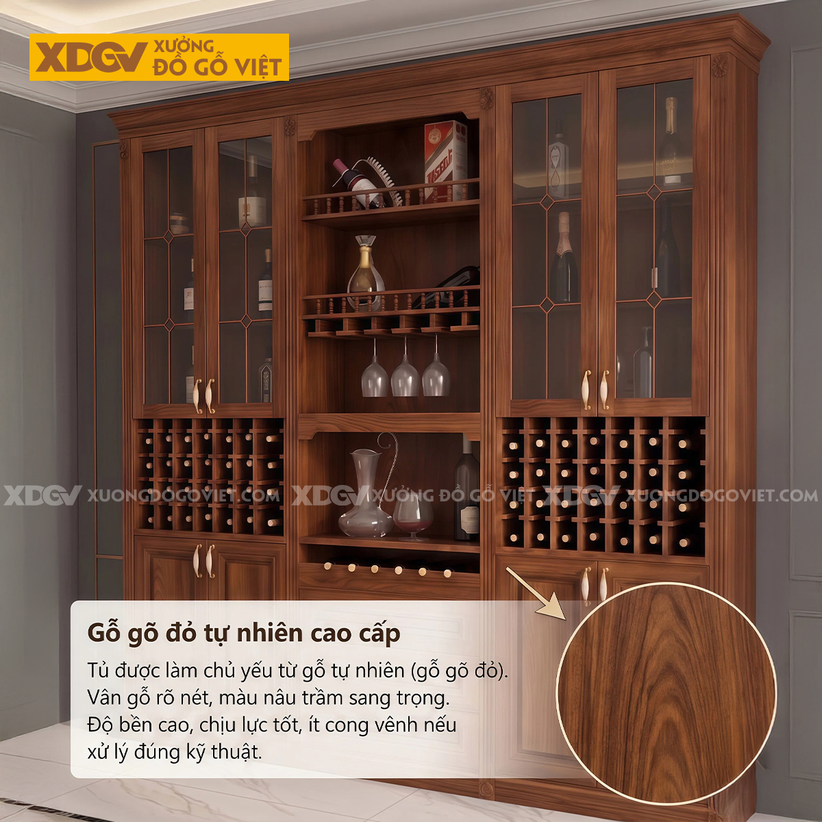 Tủ Rượu Gỗ Gõ Đỏ Thiết Kế Đối Xứng Kèm Ngăn Kéo Trung Tâm