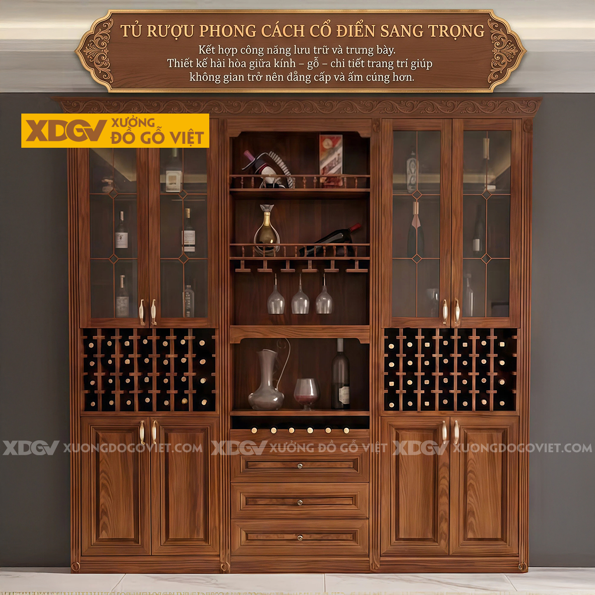 Tủ Rượu Gỗ Gõ Đỏ Thiết Kế Đối Xứng Kèm Ngăn Kéo Trung Tâm