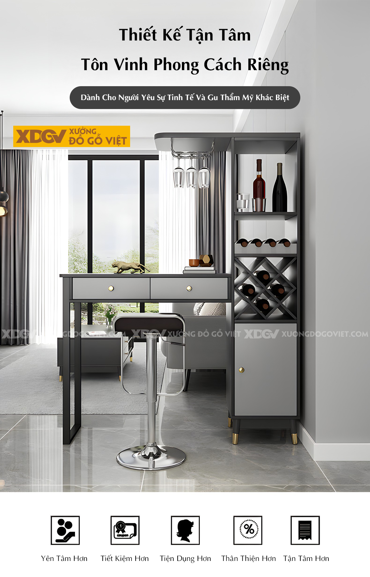 Tủ Rượu Gỗ MDF Hiện Đại Đi Kèm Bàn Bar Kệ Treo Ly Sang Trọng