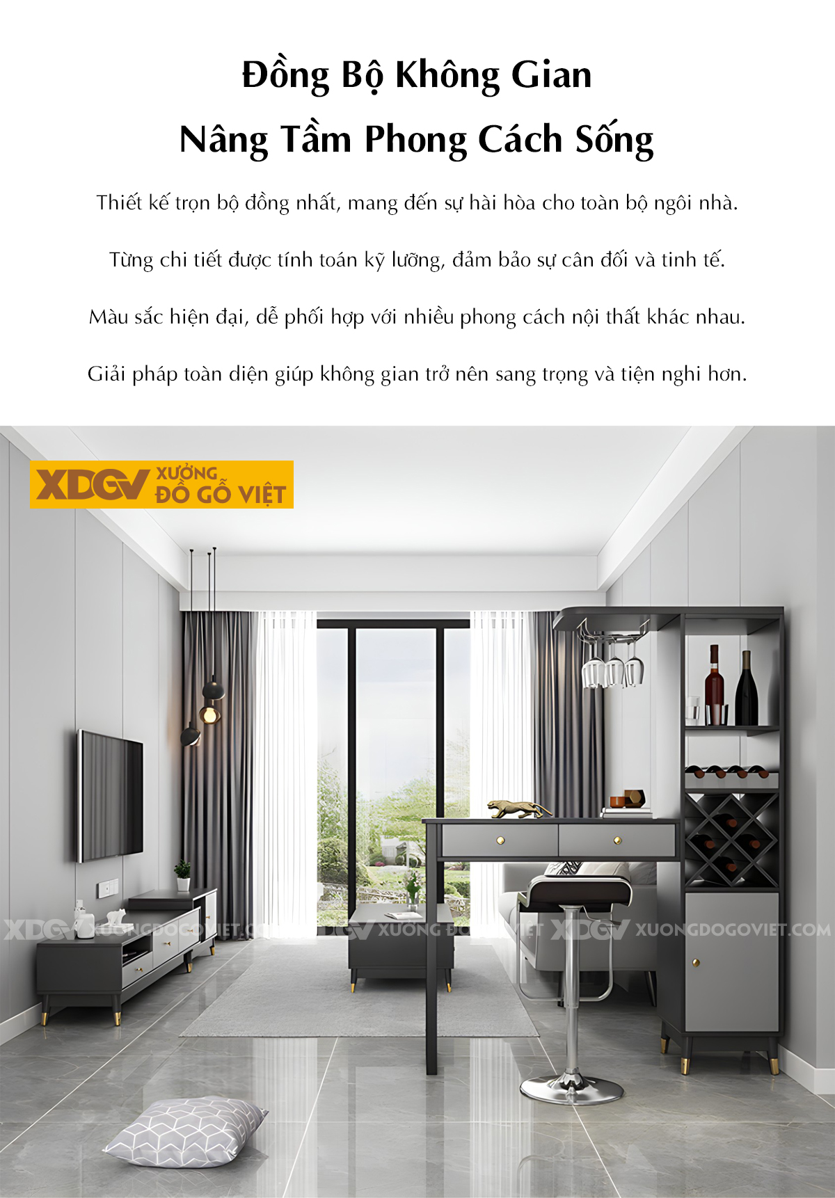 Tủ Rượu Gỗ MDF Hiện Đại Đi Kèm Bàn Bar Kệ Treo Ly Sang Trọng