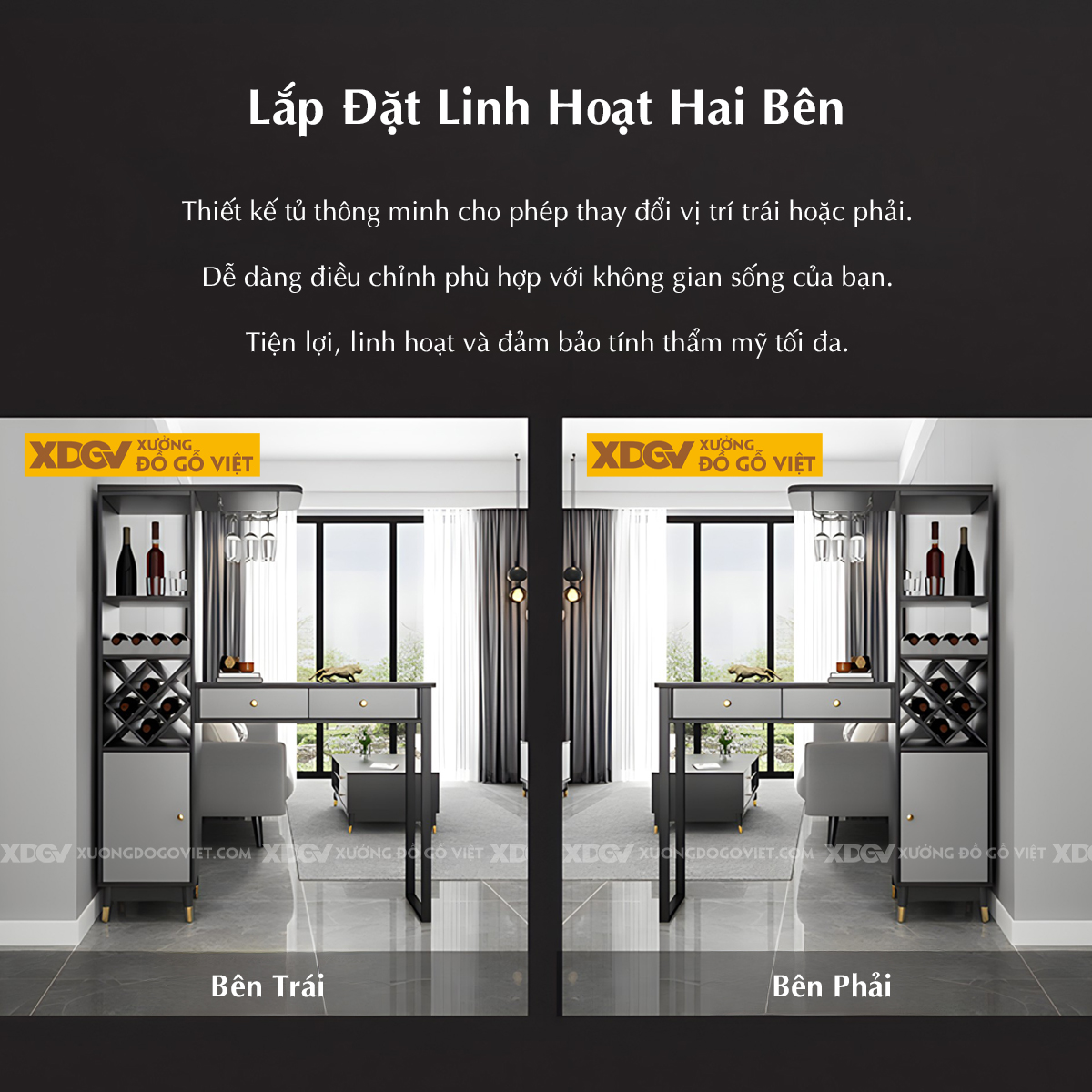 Tủ Rượu Gỗ MDF Hiện Đại Đi Kèm Bàn Bar Kệ Treo Ly Sang Trọng